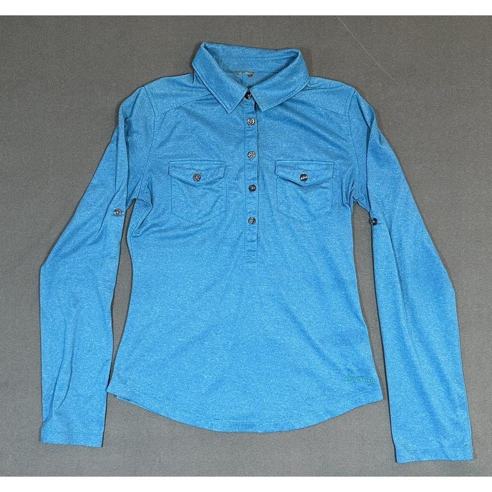 Marmot Annika‎ Blue Shirt Button Down Long Roll Tab Sleeve Womens Size XS